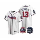 Men's Atlanta Braves #13 Ronald Acuna Jr. 2021 White World Series With 150th Anniversary Patch Cool Base Baseball Jersey