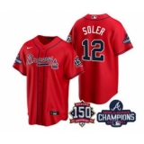 Men's Atlanta Braves #12 Jorge Soler 2021 Red World Series Champions With 150th Anniversary Patch Cool Base Stitched Jersey