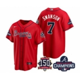 Men's Atlanta Braves #7 Dansby Swanson 2021 Red World Series Champions With 150th Anniversary Patch Cool Base Stitched Jersey