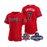 Men's Atlanta Braves #7 Dansby Swanson 2021 Red World Series Champions With 150th Anniversary Flex Base Stitched Jersey