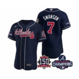 Men's Atlanta Braves #7 Dansby Swanson 2021 Navy World Series Champions With 150th Anniversary Flex Base Stitched Jersey