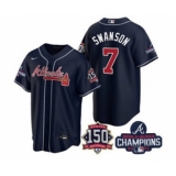 Men's Atlanta Braves #7 Dansby Swanson 2021 Navy World Series Champions With 150th Anniversary Patch Cool Base Stitched Jersey
