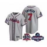 Men's Atlanta Braves #7 Dansby Swanson 2021 Gray World Series Champions With 150th Anniversary Patch Cool Base Stitched Jersey