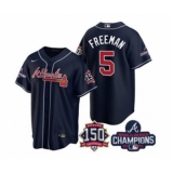 Men's Atlanta Braves #5 Freddie Freeman 2021 Navy World Series Champions With 150th Anniversary Patch Cool Base Stitched Jersey