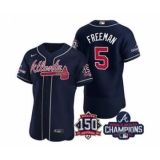Men's Atlanta Braves #5 Freddie Freeman 2021 Navy World Series Champions With 150th Anniversary Flex Base Stitched Jersey