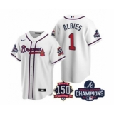 Men's Atlanta Braves #1 Ozzie Albies 2021 White World Series Champions With 150th Anniversary Patch Cool Base Stitched Jersey