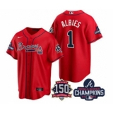 Men's Atlanta Braves #1 Ozzie Albies 2021 Red World Series Champions With 150th Anniversary Patch Cool Base Stitched Jersey