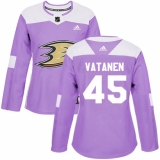 Women's Adidas Anaheim Ducks #45 Sami Vatanen Authentic Purple Fights Cancer Practice NHL Jersey