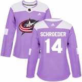 Women's Adidas Columbus Blue Jackets #14 Jordan Schroeder Authentic Purple Fights Cancer Practice NHL Jersey