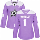 Women's Adidas Dallas Stars #1 Gump Worsley Authentic Purple Fights Cancer Practice NHL Jersey