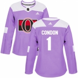 Women's Adidas Ottawa Senators #1 Mike Condon Authentic Purple Fights Cancer Practice NHL Jersey