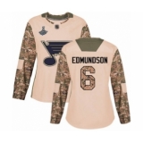 Women's St. Louis Blues #6 Joel Edmundson Authentic Camo Veterans Day Practice 2019 Stanley Cup Champions Hockey Jersey
