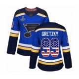 Women's St. Louis Blues #99 Wayne Gretzky Authentic Blue USA Flag Fashion 2019 Stanley Cup Champions Hockey Jersey