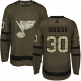 Men's Adidas St. Louis Blues #30 Martin Brodeur Authentic Green Salute to Service NHL Jersey