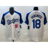 Mens Los Angeles Dodgers #18 Yoshinobu Yamamoto Number White Blue Fashion Stitched Cool Base Limited Jersey